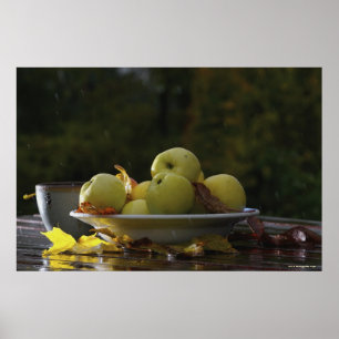 Bowl of apples and leaves poster
