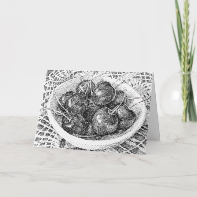 Bowl of Cherries Pen Drawing Greeting Card (Front)