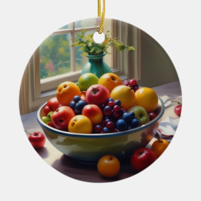 Bowl of fruit on table classical oil painting ceramic ornament (Front)