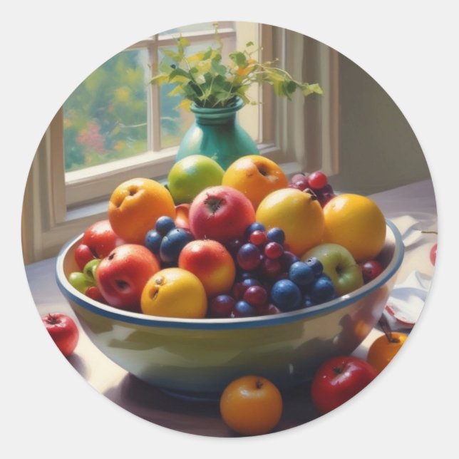 Bowl of fruit on table classical oil painting classic round sticker (Front)