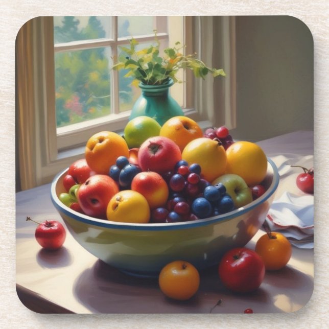 Bowl of fruit sitting on a table oil painting coaster (Front)