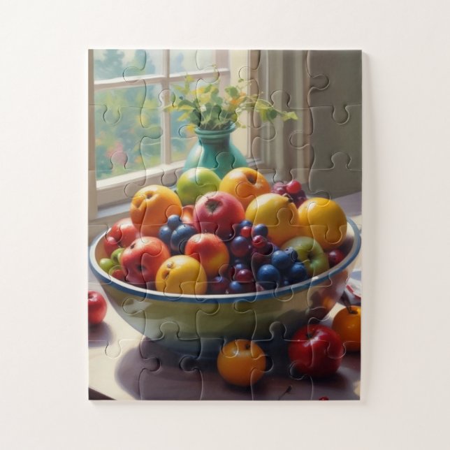 Bowl of fruit sitting on a table oil painting jigsaw puzzle (Vertical)