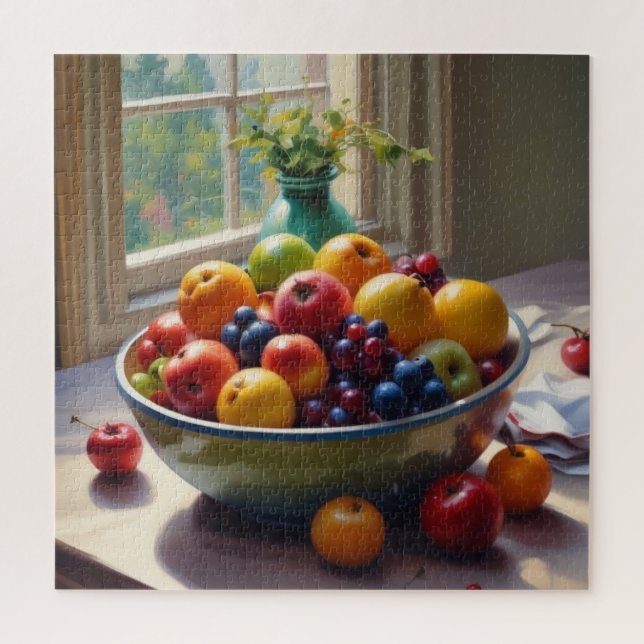 Bowl of fruit sitting on a table oil painting jigsaw puzzle (Vertical)