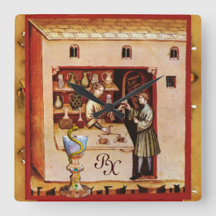 BOWL OF HYGEIA  MONOGRAM Medicine, Pharmacy Square Wall Clock