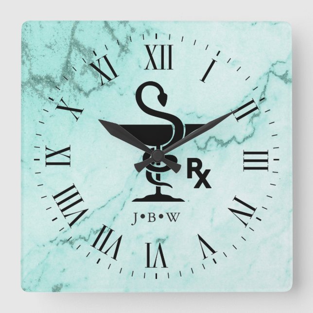 Bowl of Hygenia Pharmacist Custom Initials Marble Square Wall Clock (Front)