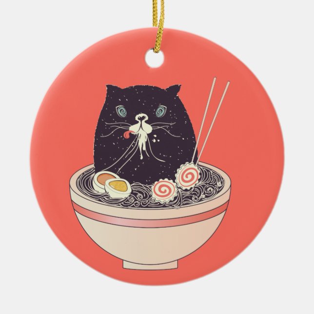 Bowl of ramen and black cat ceramic ornament (Front)