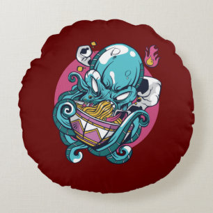 Bowl of Ramen Eating Angry Octopus Round Cushion