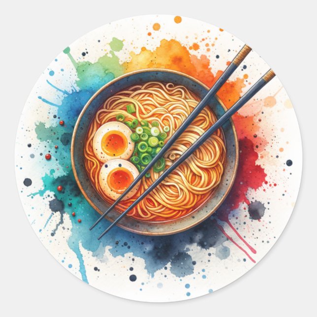 Bowl of Ramen Noodles, Egg and Chopsticks Classic Round Sticker (Front)
