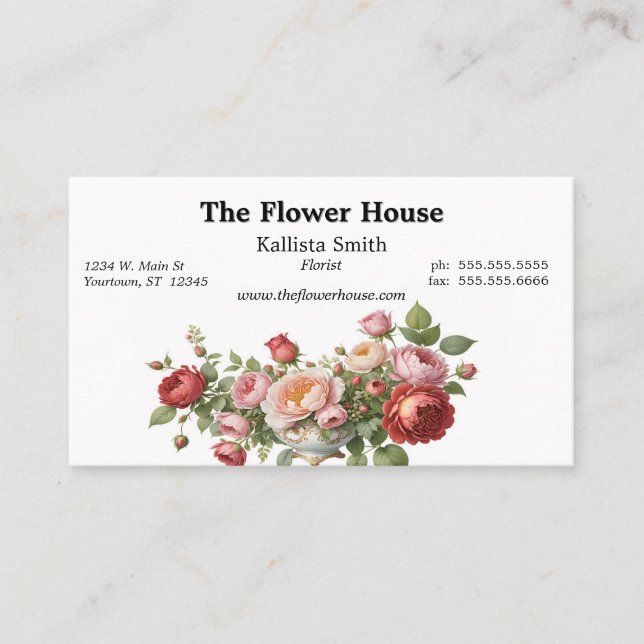Bowl of Roses Florist Flower Designer Grower Business Card (Front)
