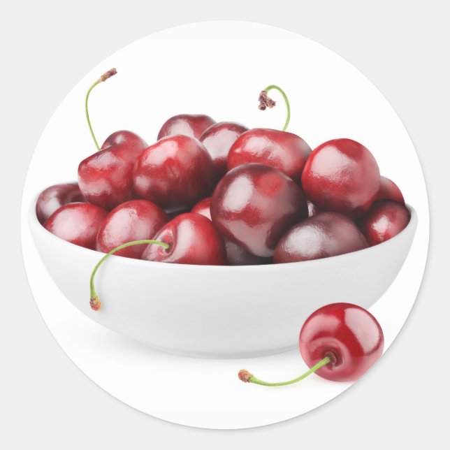 Bowl of sweet cherries classic round sticker (Front)