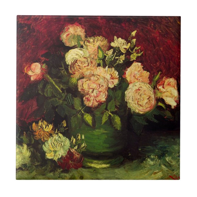 Bowl with Peonies and Roses by Vincent van Gogh Ceramic Tile (Front)