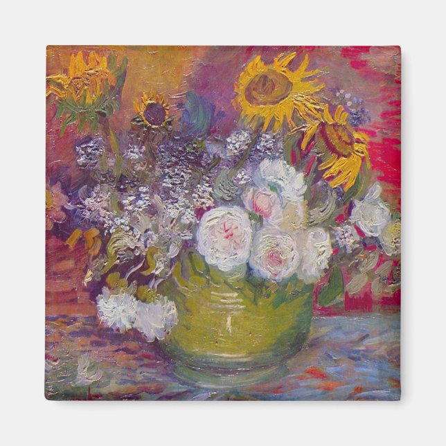 Bowl with Sunflowers and Roses by Vincent van Gogh Magnet (Front)