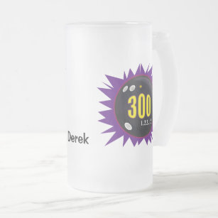 Bowling 300 Game, Purple with Bowling Ball Art, Frosted Glass Beer Mug