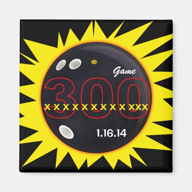 Bowling, 300 Perfect Game, 12X, Black & Yellow, Magnet (Front)