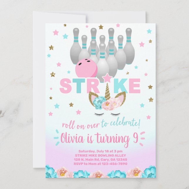 Bowling and unicorn girl birthday invite. invitation (Front)