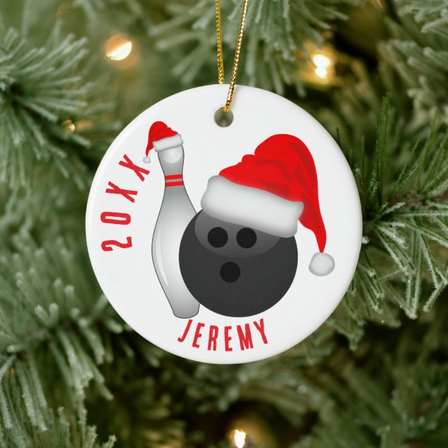 Bowling Ball and Pin Christmas Ceramic Ornament (Tree)