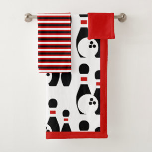 Bowling ball and pins and striped pattern bath towel set