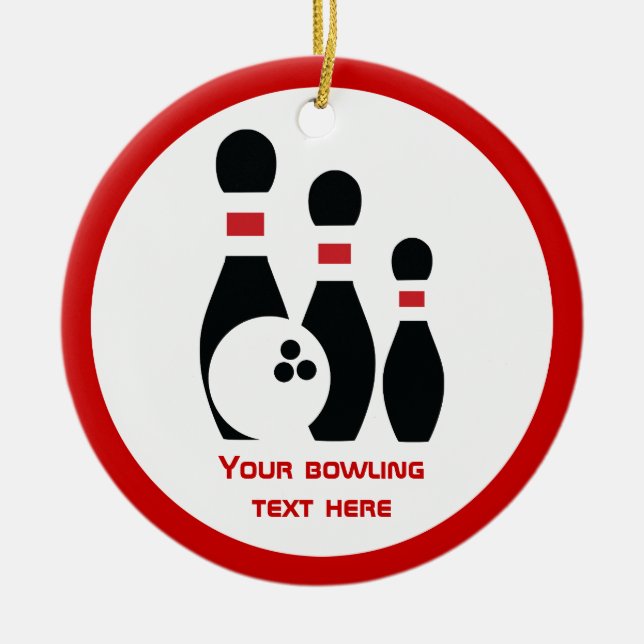 Bowling ball and pins black red custom ceramic tree decoration (Front)