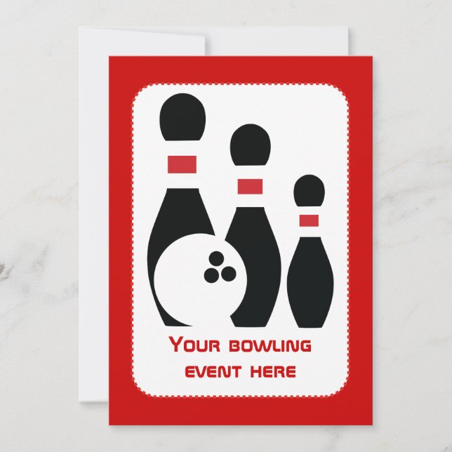 Bowling ball and pins black red custom invitation (Front)