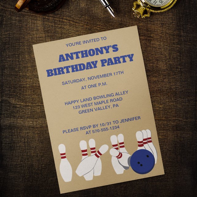 Bowling Ball and Pins Bowling Birthday Party Invitation (Creator Uploaded)