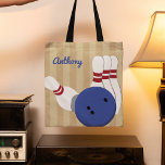 Bowling Ball and Pins Personalised Tote Bag<br><div class="desc">Create a personalised gift for your favourite bowler when you add their name to this tote bag. The front of the bag has a realistic style illustration of a bowling ball and bowling pins set against a tan striped background with a spot to add a name in blue script lettering....</div>