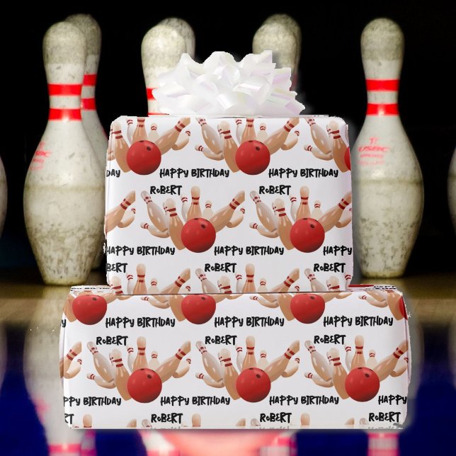 Bowling Ball and Pins Strike! Add Name Birthday Wrapping Paper (Creator Uploaded)