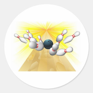 Bowling ball hitting pins classic round sticker