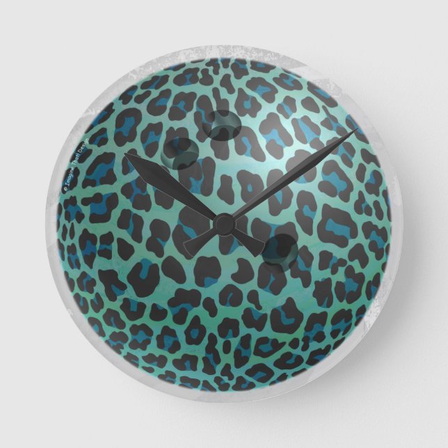 Bowling Ball Leopard Teal Round Clock (Front)