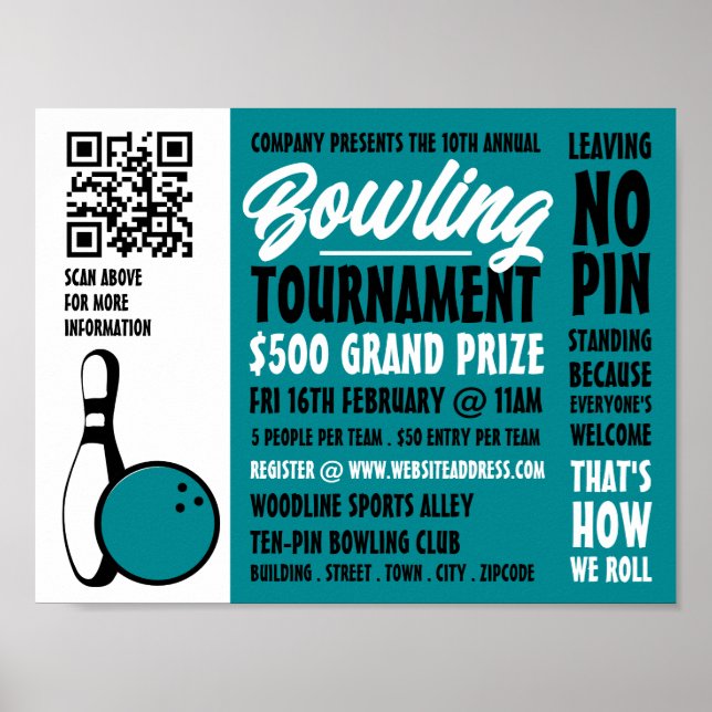 Bowling Ball & Pin, Ten-Pin Bowling Tournament Poster (Front)