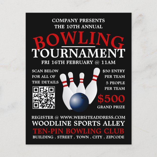 Bowling Ball & Pins, Ten-Pin Bowling Tournament Flyer (Front)