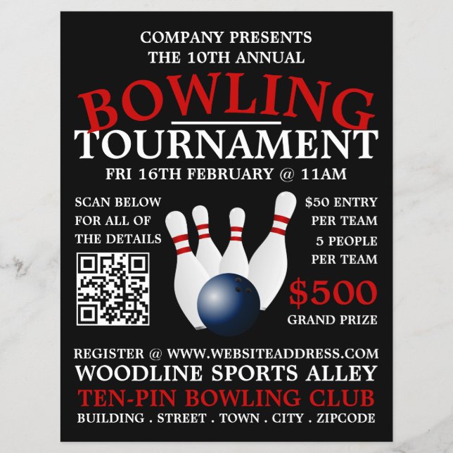 Bowling Ball & Pins, Ten-Pin Bowling Tournament Flyer (Front)