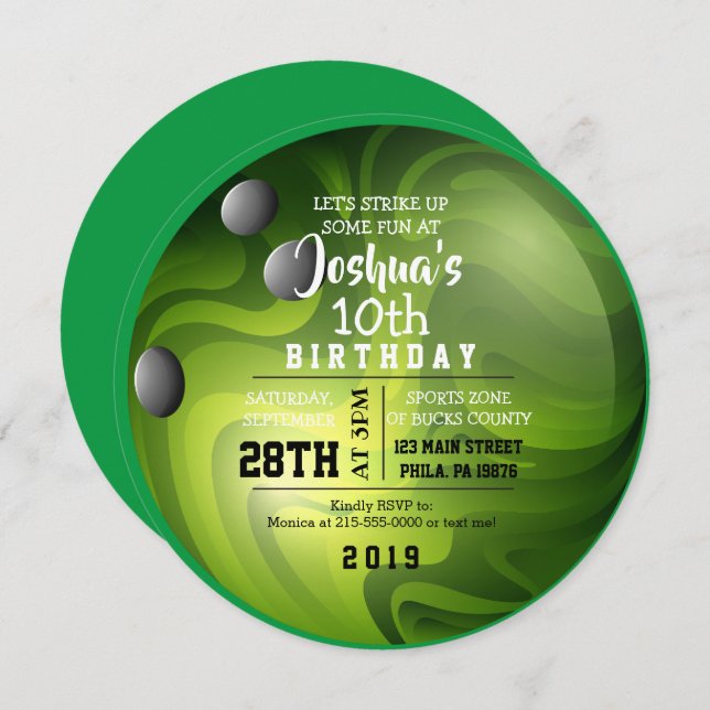 BOWLING BALL ROUND Green Birthday Party Invitation (Front/Back)
