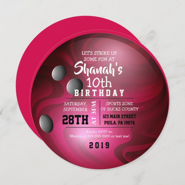 BOWLING BALL ROUND Red Birthday Party Invitation (Front/Back)
