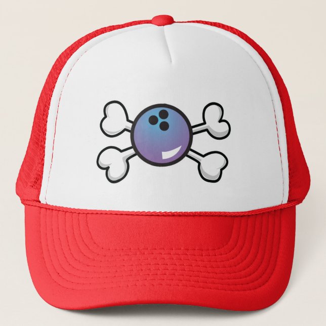 bowling ball Skull and Crossbones Trucker Hat (Front)