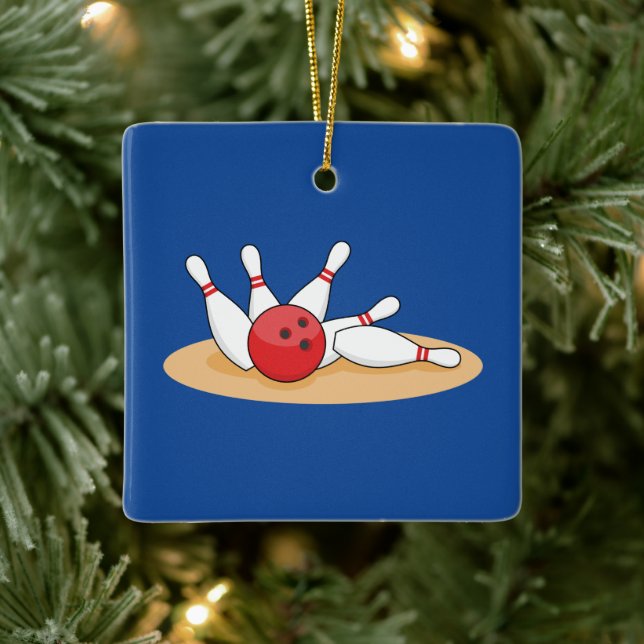 Bowling Ball Striking Skittles Ceramic Ornament (Tree)