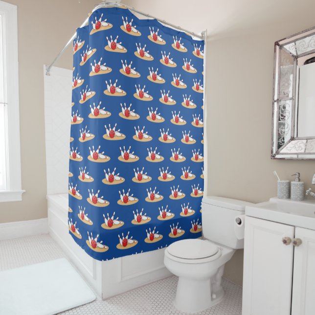 Bowling Ball Striking Skittles Pattern Shower Curtain (In Situ)
