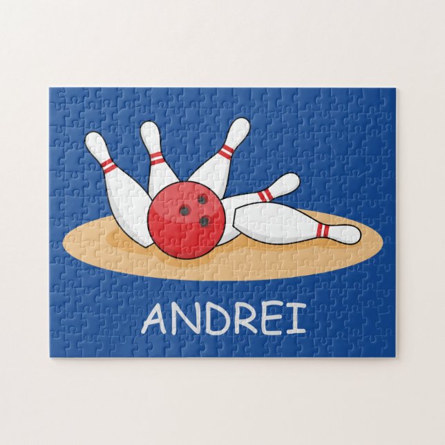 Bowling Ball Striking Skittles Personalise Jigsaw Puzzle (Horizontal)