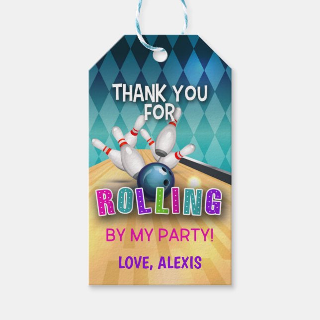 Bowling Birthday Favour Tag - Rolling By - Girl (Front)
