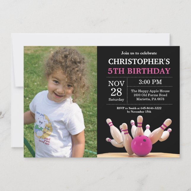 Bowling Birthday Invitation Birthday Party Pink (Front)