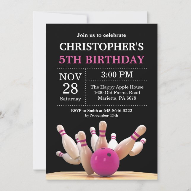Bowling Birthday Invitation Birthday Party Pink (Front)
