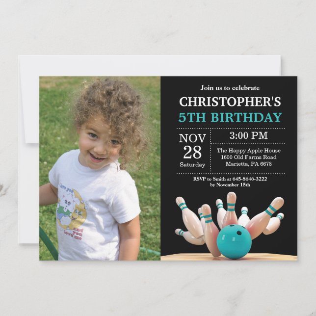 Bowling Birthday Invitation Birthday Party Teal (Front)