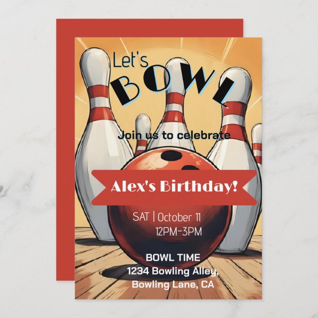 Bowling Birthday Invitation - Let's Bowl  (Front/Back)