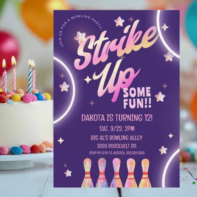 Bowling Birthday Neon Pink Party Invitation (Creator Uploaded)