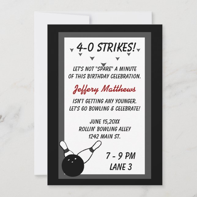 Bowling Birthday Party Black Grey Age customisable Invitation (Front)
