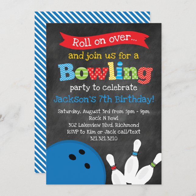 Bowling Birthday Party - Chalkboard Invitation (Front/Back)
