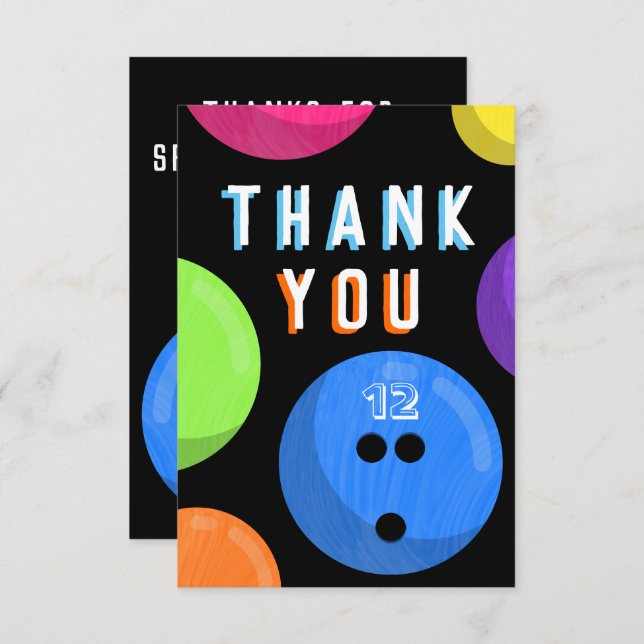 Bowling Birthday Party Cosmic Bowling Neon Blue Thank You Card (Front/Back)
