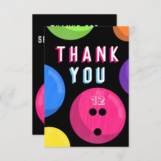 Bowling Birthday Party Cosmic Bowling Neon Pink Thank You Card (Front/Back)