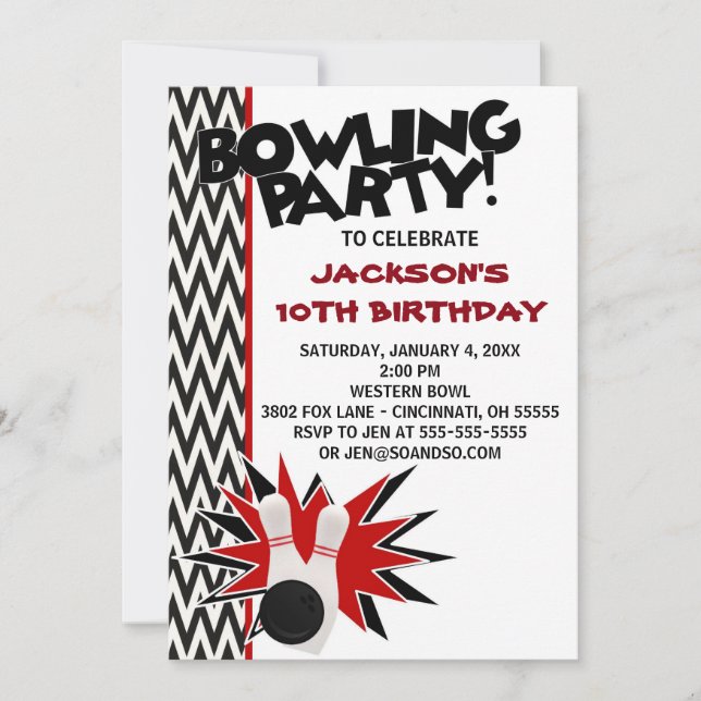 Bowling Birthday Party Custom Invitation (Front)