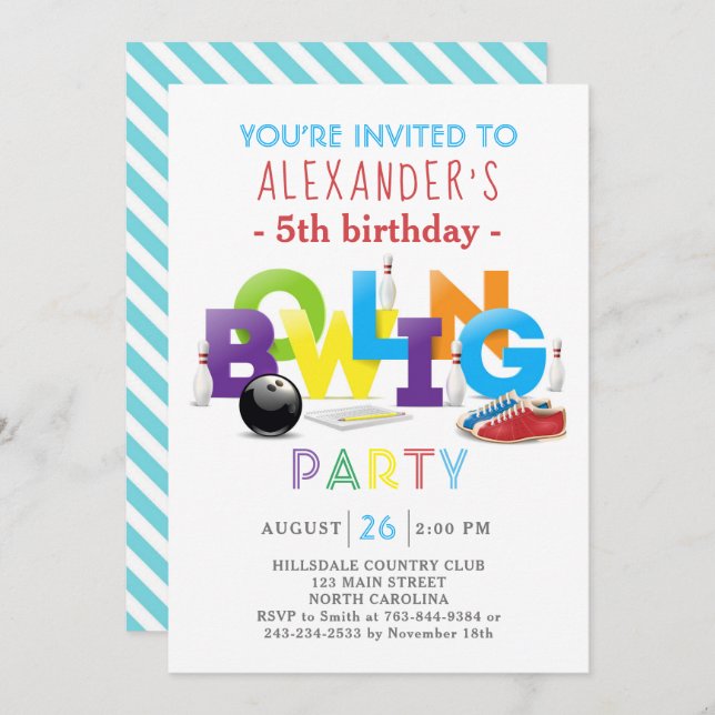 Bowling Birthday Party Invitation (Front/Back)