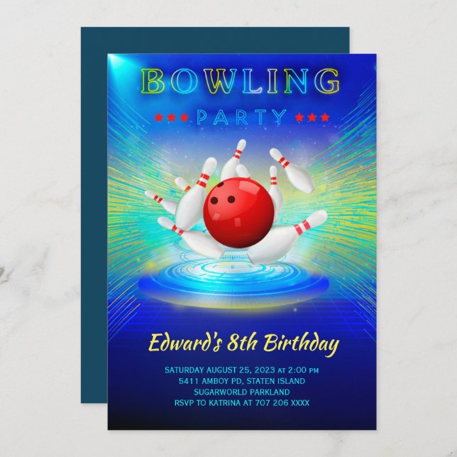 Bowling Birthday Party Invitation  (Front/Back)